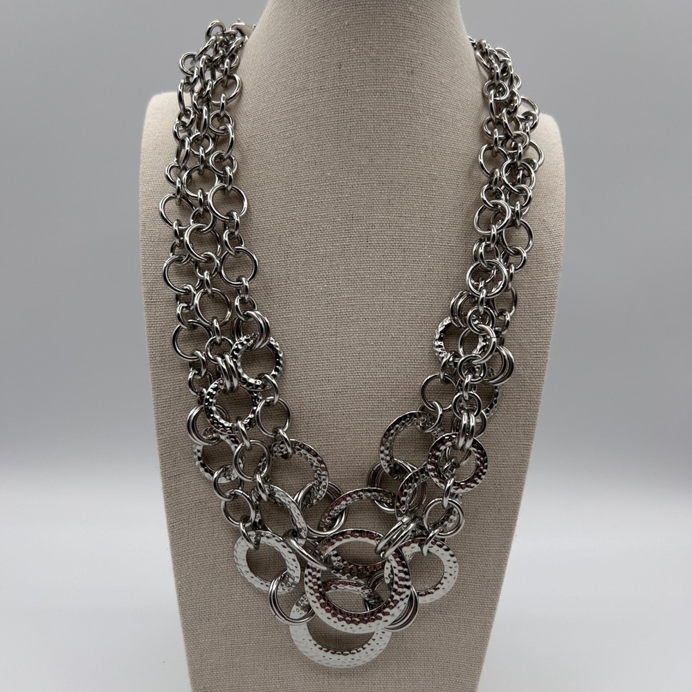 Lia Sophia Linkage Necklace Silver Tone Hammered Multi Strand Circle Statement
